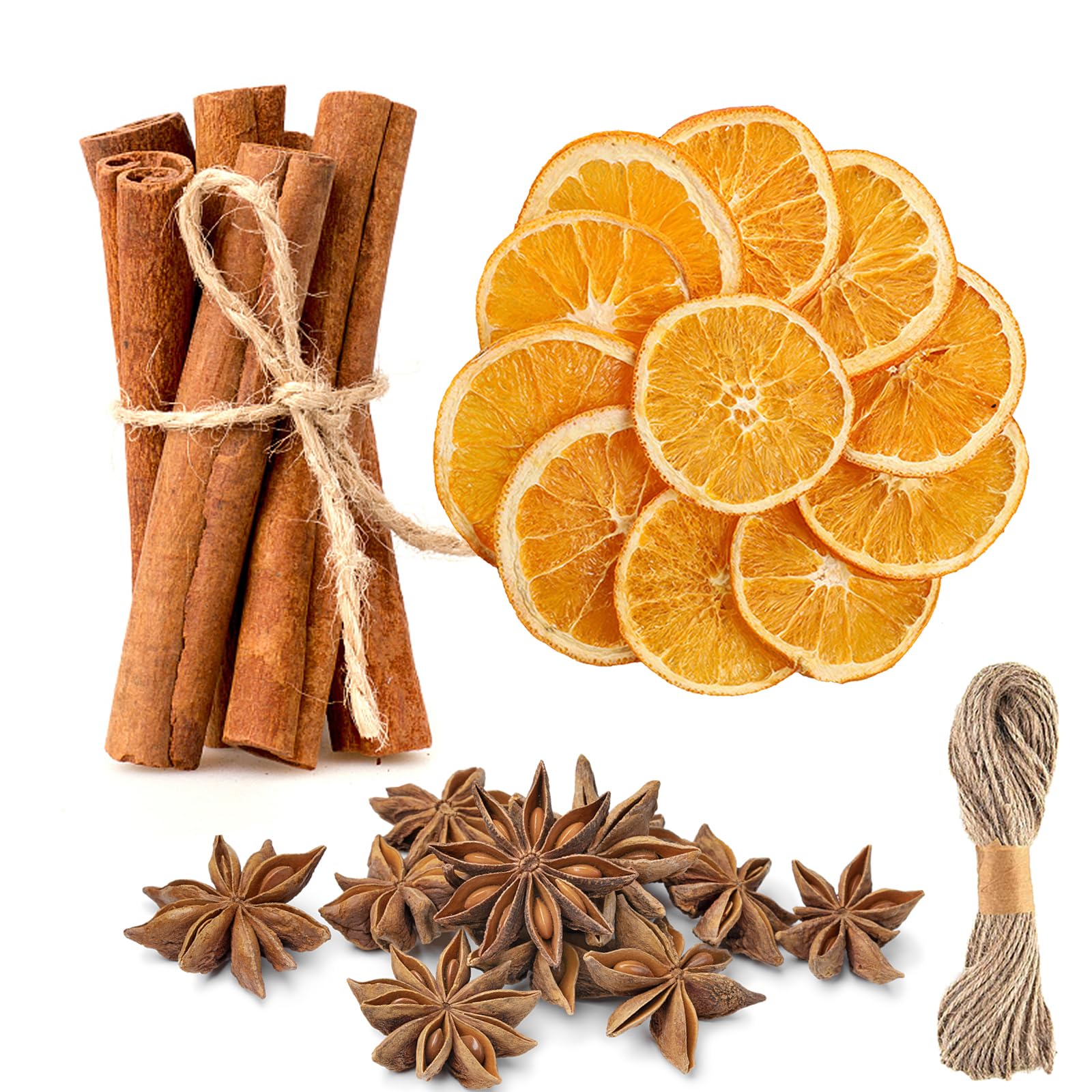 60Pcs Christmas Wreath Making Supplies, Dried Orange Slices, Cinnamon Sticks, Star Anise, and Jute Twine String, Christmas Dried Fruit Floral Supplies for Christmas Tree Xmas Craft Decorations