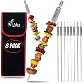 Patented Kabob Skewers for Grilling- BBQ Skewers for Grilling-16" Long Flat Kebab Skewers With Push Bar- Shish Kabob Skewers -Stainless Steel Skewer Sticks for Camping - Wide Reusable Skewers - 8 Pack