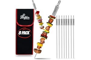 "FLAFSTER KITCHEN BBQ Skewers for Grilling - 16" Stainless Steel Flat Kebab Sticks with Push Bar, Reusable Metal Shish Kabob Skewers, Set of 6"