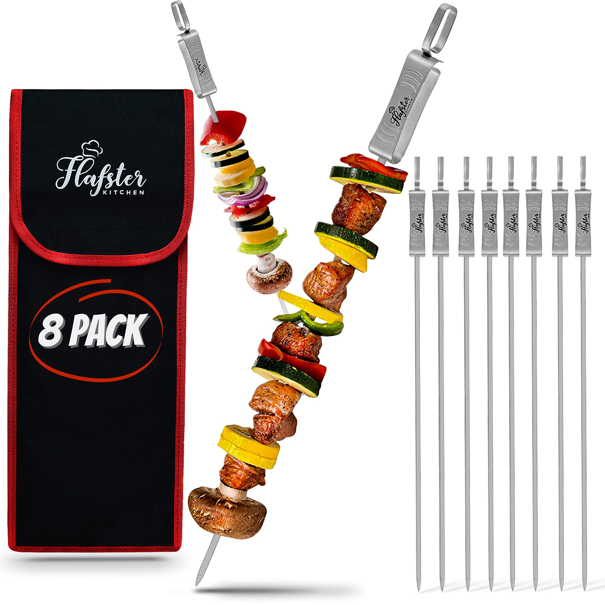 Photo 1 of "FLAFSTER KITCHEN BBQ Skewers for Grilling - 16" Stainless Steel Flat Kebab Sticks with Push Bar, Reusable Metal Shish Kabob Skewers, Set of 6"
