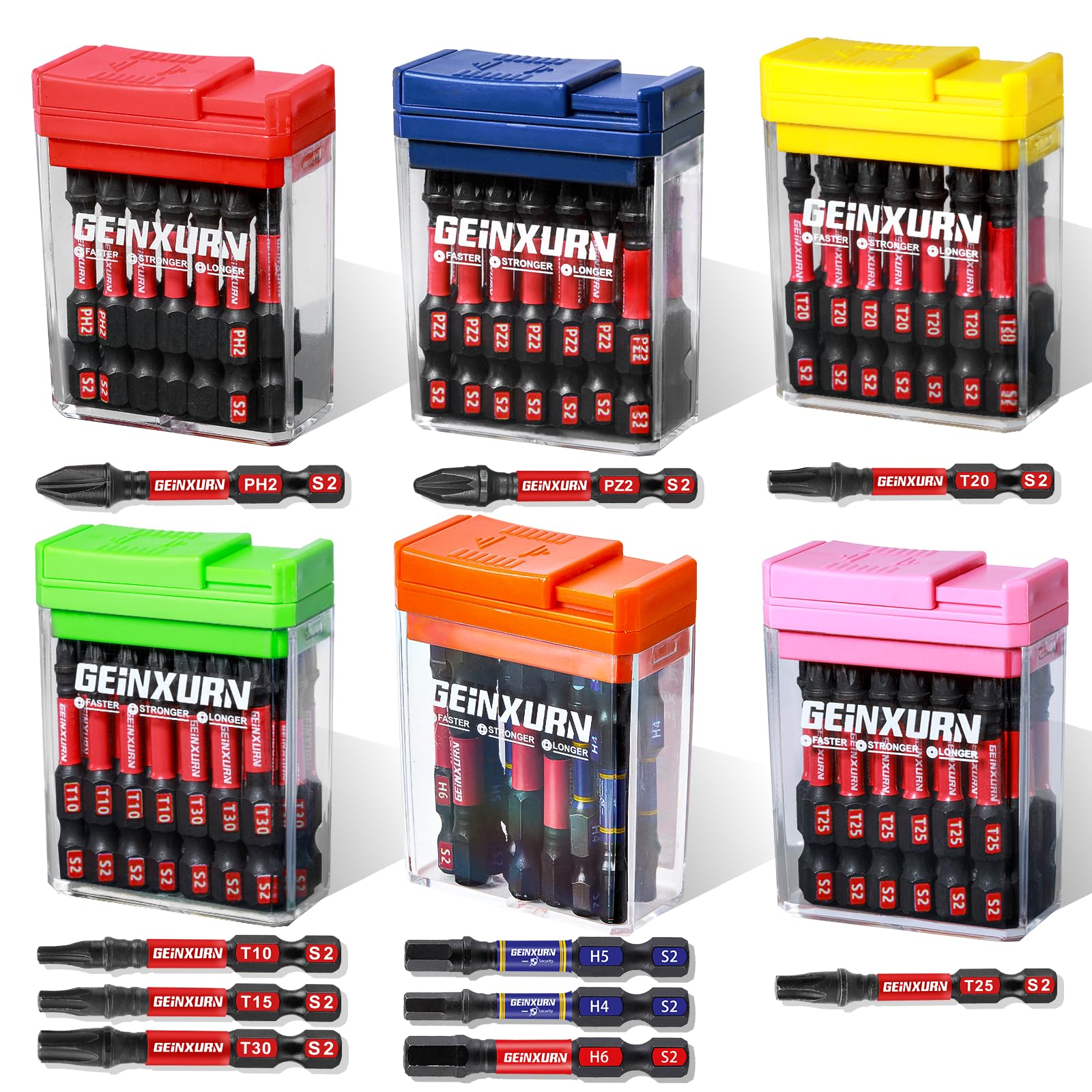 Geinxurn Schlagfeste Schraubendreher Bits Set, 90 Stücke 50mm Magnetisch (PH2/PZ2/T10/T15/T20/T25/T30/Hex) S2 Stahl Multi Treiber Bits mit Lagerung Bunte Box
