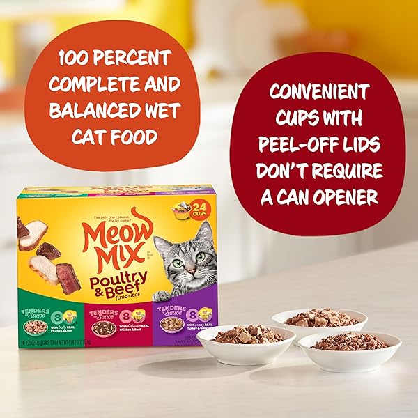 MEOW MIX TENDERS IN SAUCE WET CAT FOOD, POULTRY & BEEF VARIETY PACK, 2.75 OUNCE CUP (PACK OF 24)