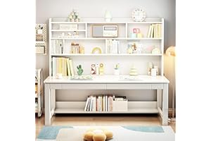 BALANBO Kids Desk Kids Table with Hutch for Children Wood Table Solid Wood Desk Two Positions Suitable for Two People Suitable for Children's Study Adult Home Office and Other Places（White）