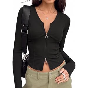 ELARAISE Women V Neck Long Sleeve Shirts Crop Top Jacket Cardigan Shacket Full Zip Ribbed Slim Fitted Workout Casual Y2k