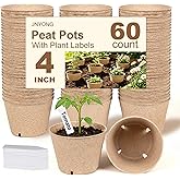 JNYONG 60 Packs 4 Inch Peat Pots, Garden Germination Nursery Pots | Biodegradable Pots for Seedlings with Drainage Holes ，50Pcs Plant Labels