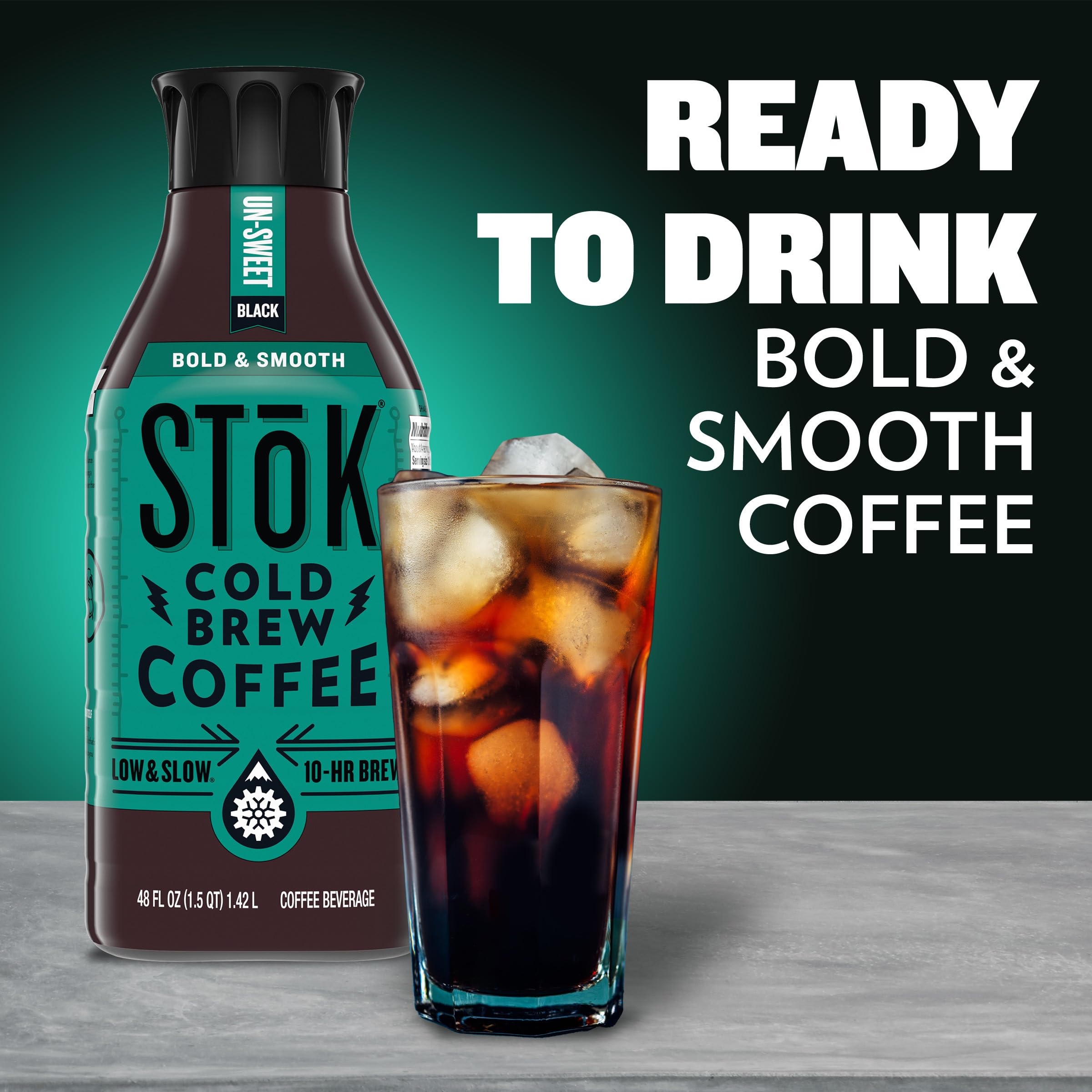 STOK Cold Brew Coffee, Arabica-Based Blend, Medium Roast Brewed Low and Slow, Unsweetened, Black Coffee, 48 FL OZ Bottle