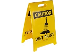 NMC FS2 Double Sided Floor Sign, Legend "CAUTION - WATCH YOUR STEP WET PAINT" with Graphic, 12" Length x 20" Height, Coroplast, Black on Yellow