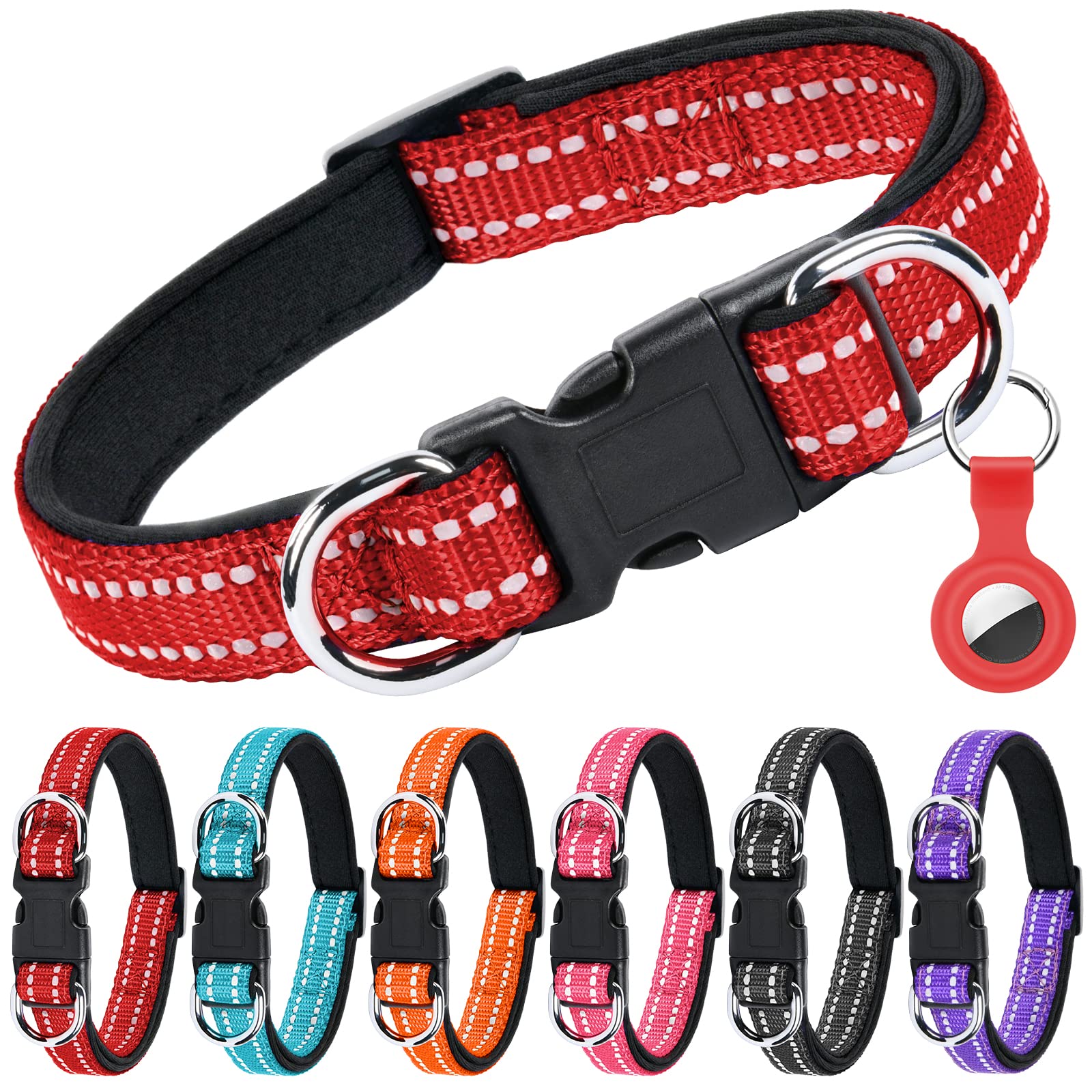AUAUY Reflective Nylon Dog Collars, Double Security Adjustable Classic Pet Collars with Soft Neoprene Padding AirTag Case, Dual D-Ring Quick Release Buckle for Small Puppy Medium and Large Dogs(Red-L)