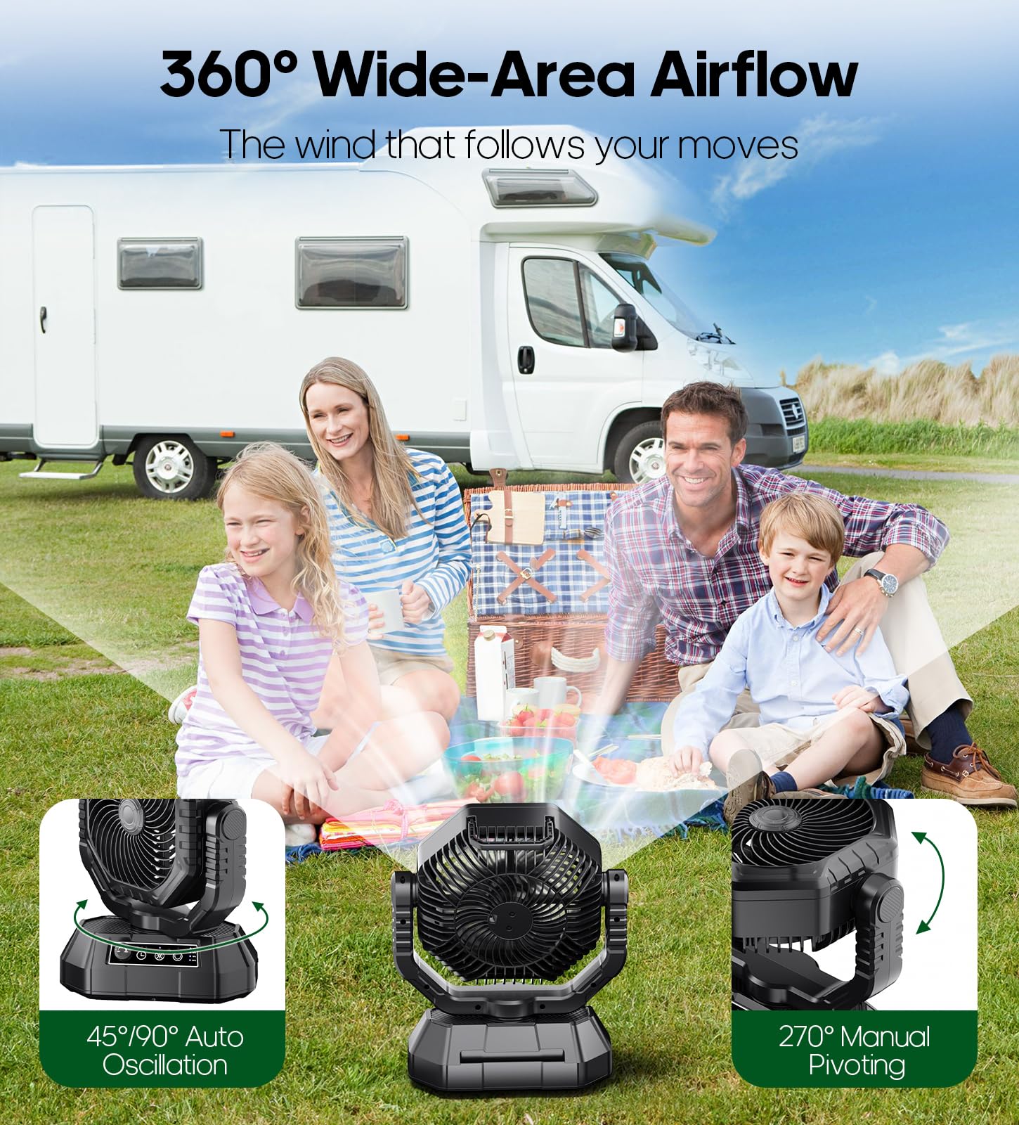 HAWANA Portable Fan Rechargeable，20000mAh Camping Fan with 360° Airflow, Battery Powered Ventilador Recargable with Stepless Wind Speeds, 3 Timing, Hanging Hook for Camping, Tents, BBQ, Fishing-Black