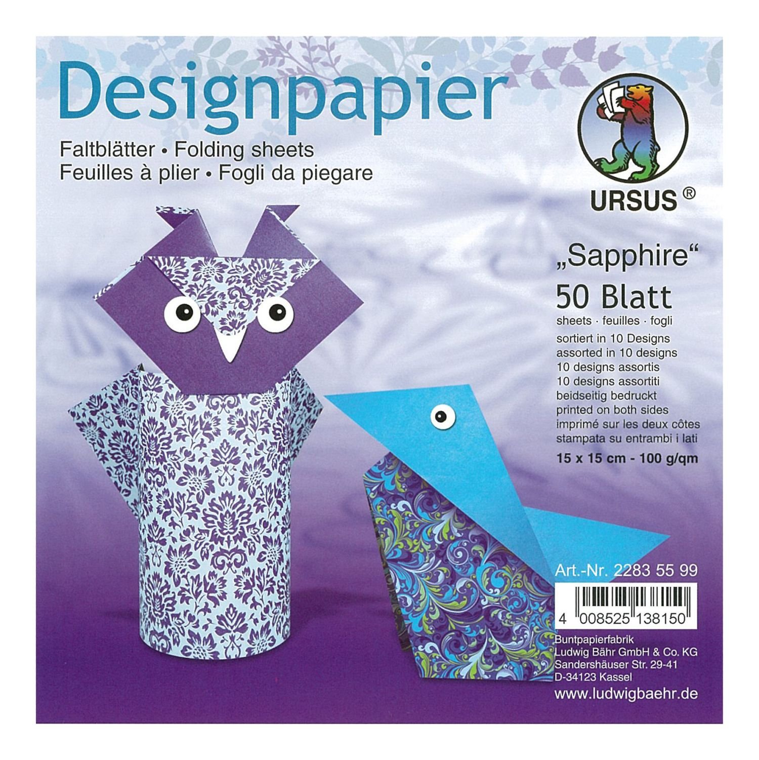 Ursus 22835599F Design Paper Sapphire, 50 Sheets, 15 x 15 cm, Printed on Both Sides Colourful