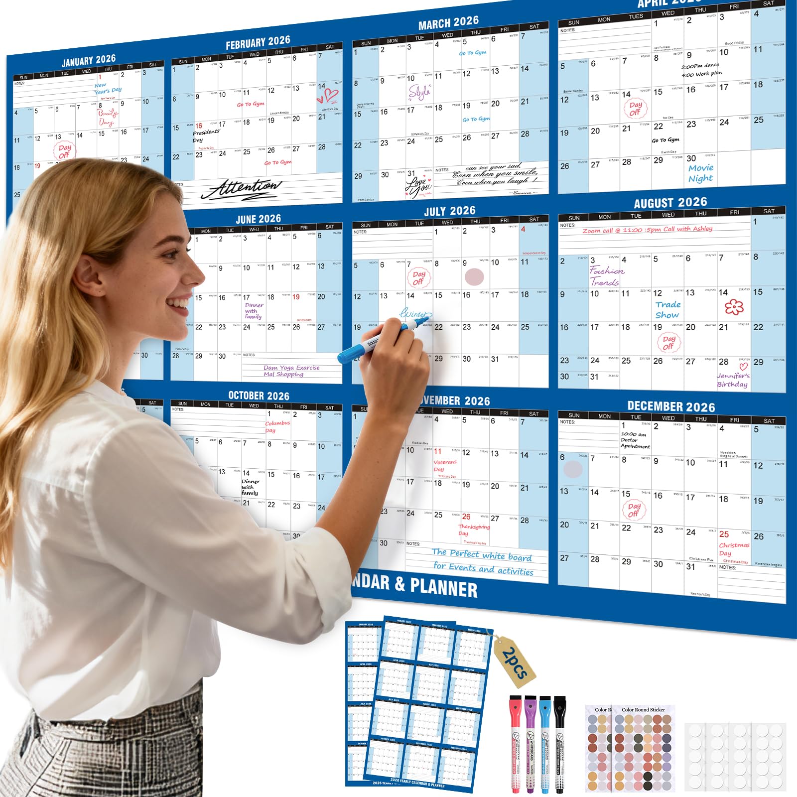 Photo 1 of 2 PCS 2026 Wall Calendar,Large XL 32" x 48" Laminated 2-Side Horizontal/Vertical | Folded Wet & Dry Erase Yearly Wall Hanging Calendars Thick Paper 12 Month Annual Planner for Office/Family/College