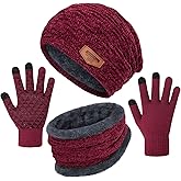 Senker Fashion Winter Hats Scarf and Gloves Set for Men Women, Slouchy Beanie Cap Neck Warmer Screen Touch Gloves Gifts