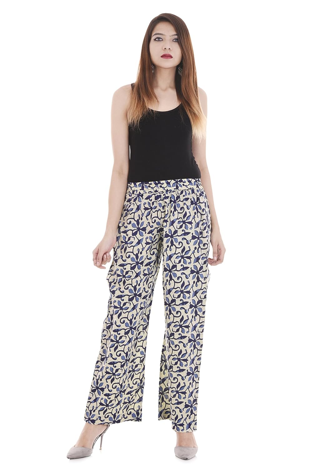 palakh women's cotton printed straight palazo trouser (cream color)