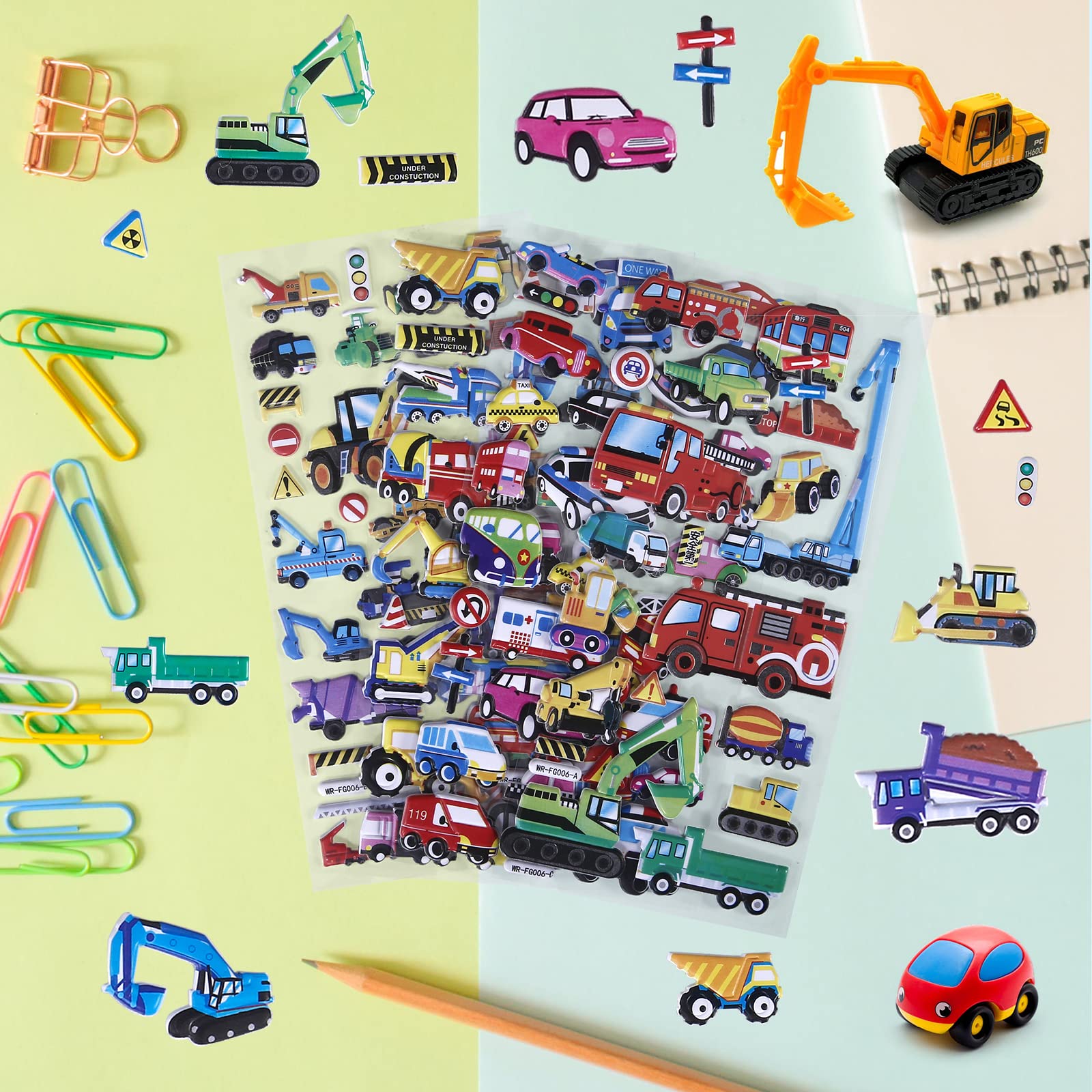 Puffy Vehicle Stickers for Kids Toddlers - 3D Puff Car Stickers for Boys Reusable Foam Sticker with Construction Truck,Tractor,Fire Truck,Police Car,Bus,Transportation Stickers Bulk,4 Sheets.
