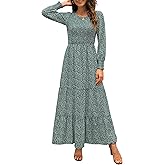 Annebouti Women's 2026 Spring Casual Long Sleeve Maxi Dress Boho Floral Smocked A-Line Modest Wedding Guest Long Dresses