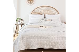 JANZAA Quilt Bedding Set Boho for All Season, 3 PCS Bedspreads Queen Size with Grey Geometry Pattern On White (Two Pillow Cases)