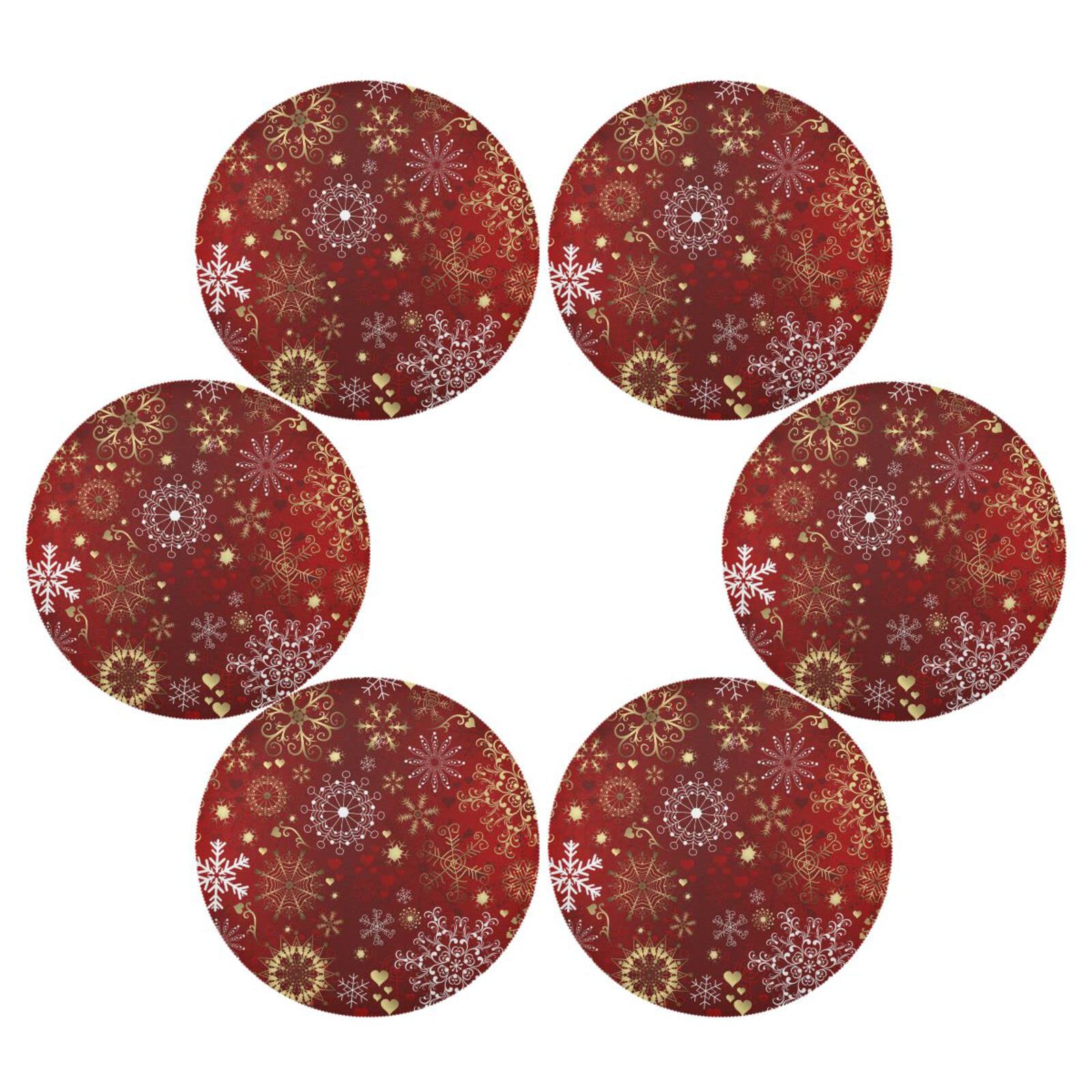 Christmas Gold White Snowflakes Round Placemats for Kitchen Dining Table Heat Insulation Non-Slip Washable Place mats Set of 6