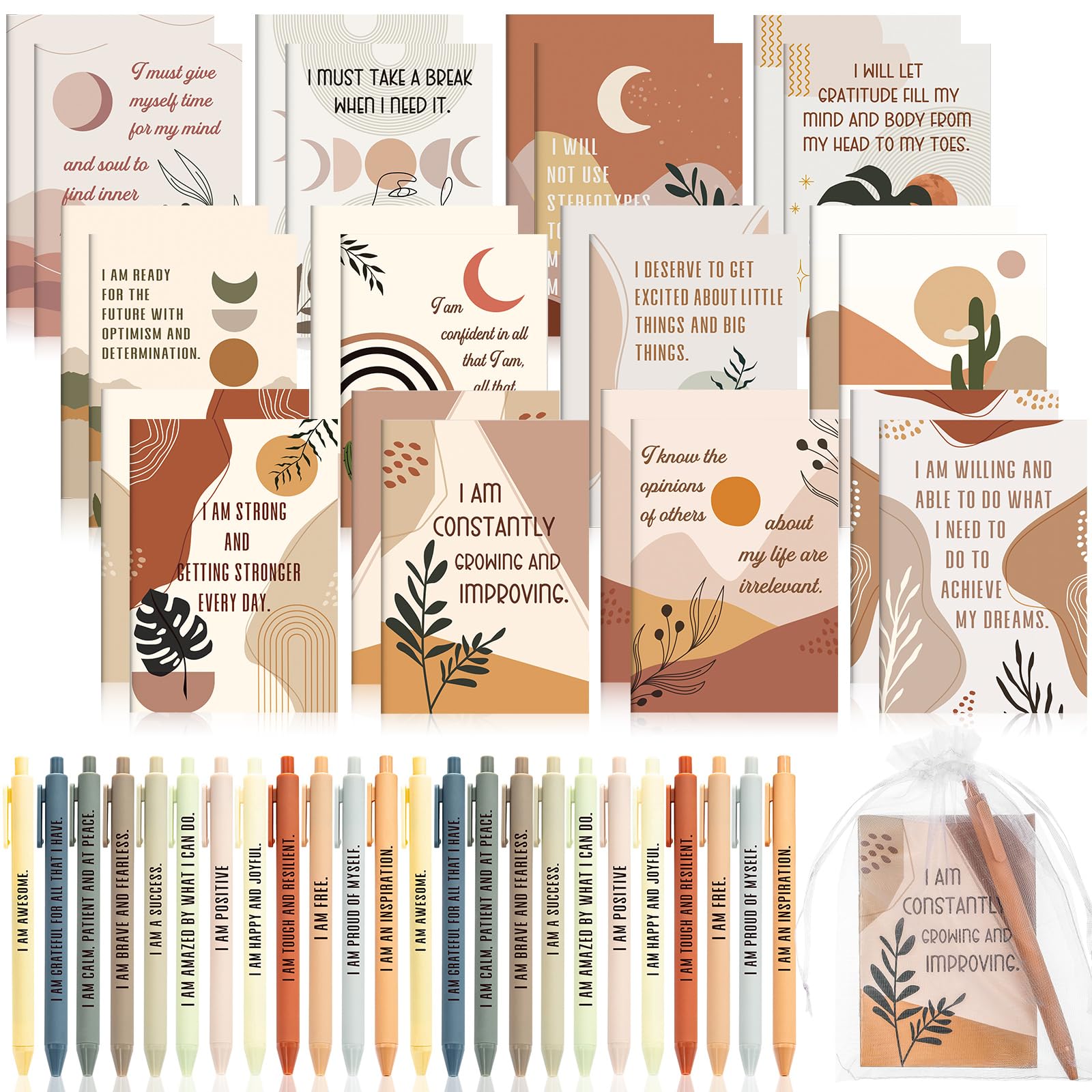 Photo 1 of Mooliwe 24 Set/48 Pcs Positive Affirmation Gift Set Gratitude Notebooks with Pens Small Bags Motivational Encouragement Notepads Daily Affirmations Journal for Women Stress Relief Self Care (Rainbow)