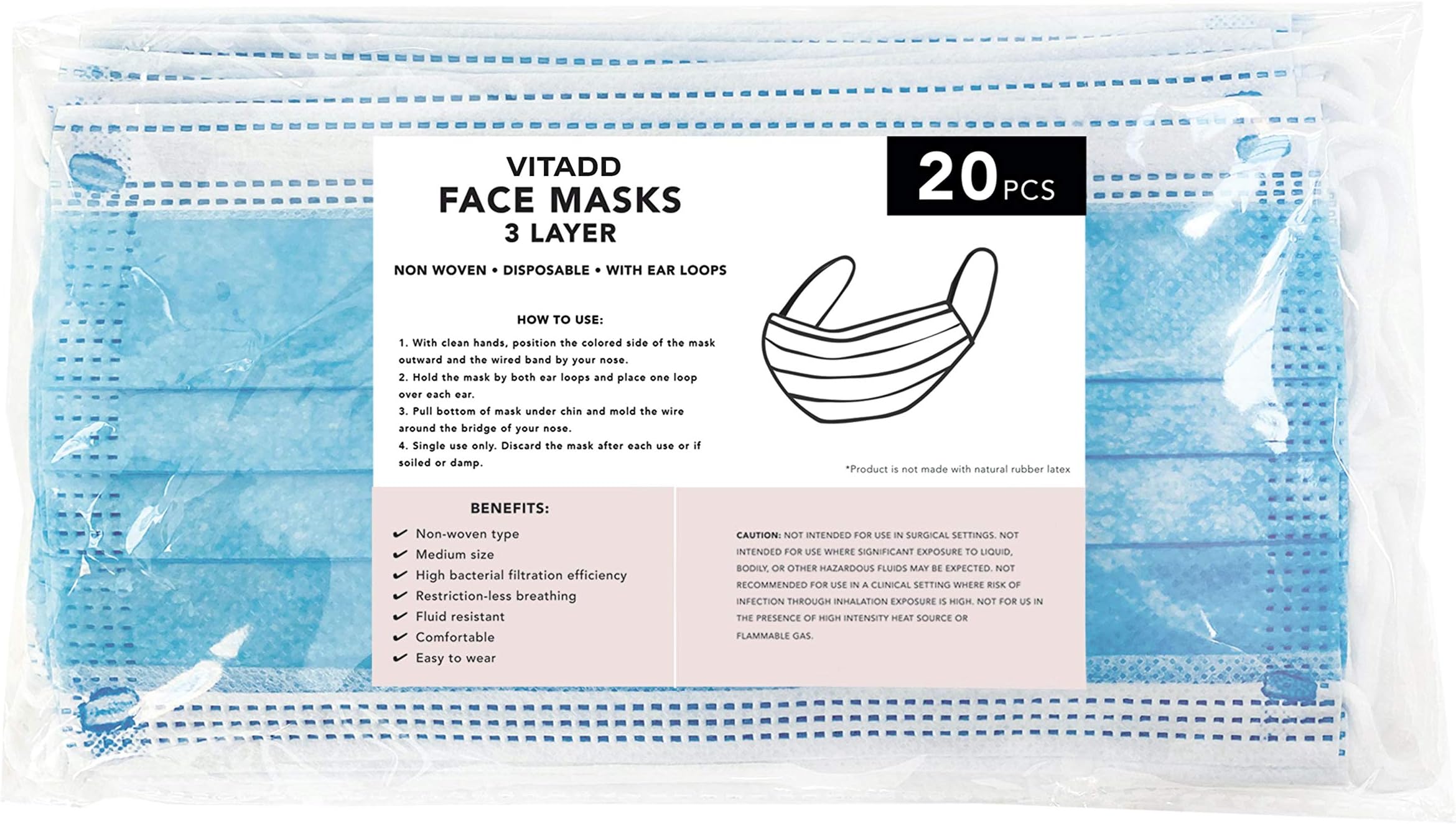 20 Disposable 3-PLY Multi-Purpose Non-Woven Breathable Face Masks with Comfortable Earloops