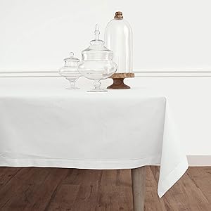 Solino Home Hemstitch Cotton Linen Tablecloth – 58 x 120 Inch, Natural Fabric Machine Washable - White Tablecloth for Indoor and Outdoor use