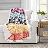 Lush Decor Bohemian Stripe Sherpa Throw Blanket, 50" W x 60" L, Fuchsia & Orange - Bold Colorful Boho Stripe Design - Quilted Print - Soft Sherpa Blanket For Bed, Couch, Or Chair