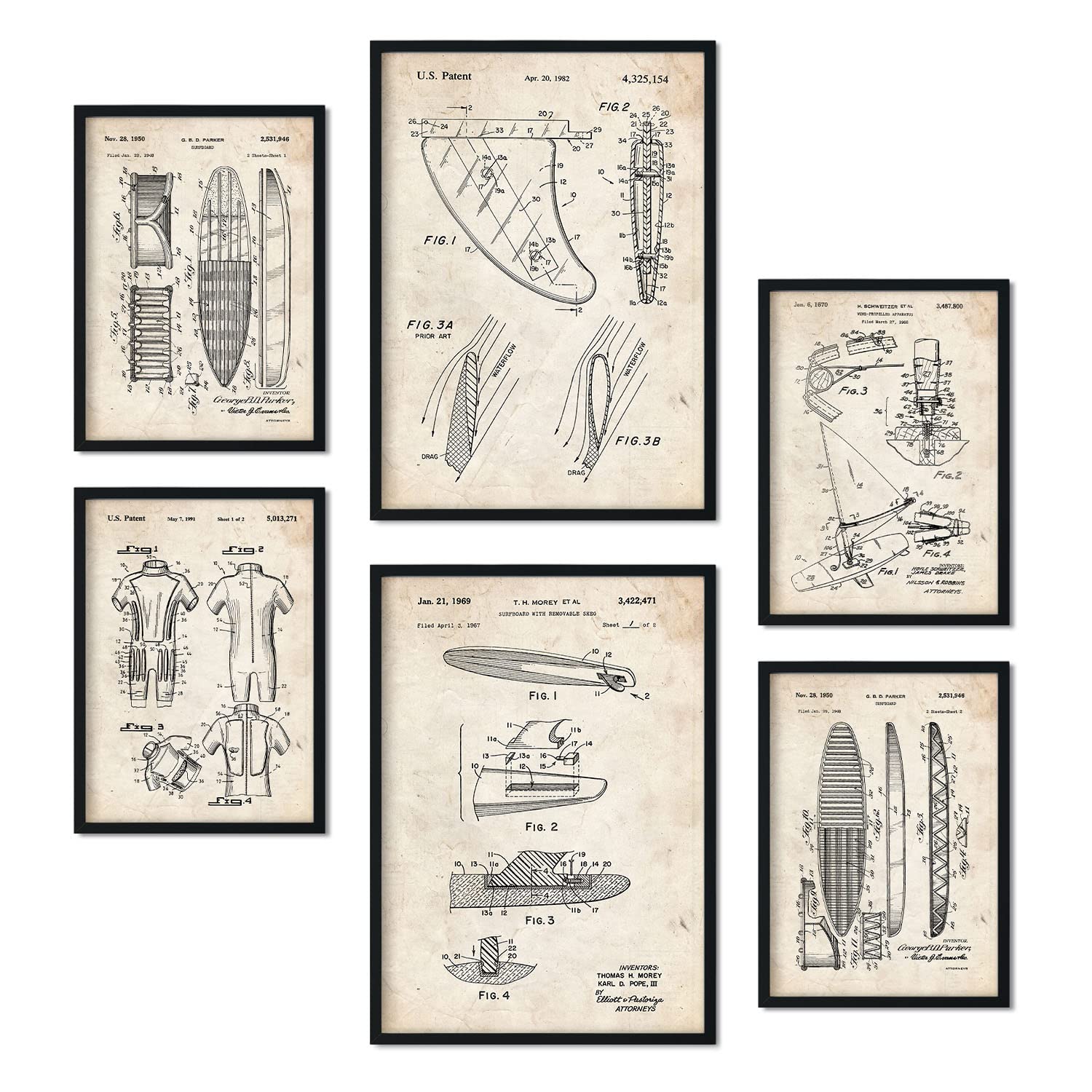 Nacnic Set of 6 Surf patent prints. Posters with retro patent illustrations for your home, shop, office... Vintage style interior decoration. A4 and A3 sizes. No frame.