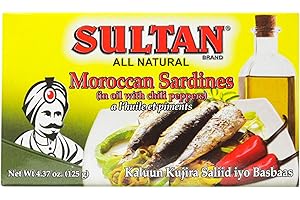 Sultan Moroccan Season Sardines in Oil with Chili Peppers, 100% All-Natural, High Protein, No Additives, No Preservatives, Paleo, Carnivore, Keto Friendly, Zero Carb, 4.37oz