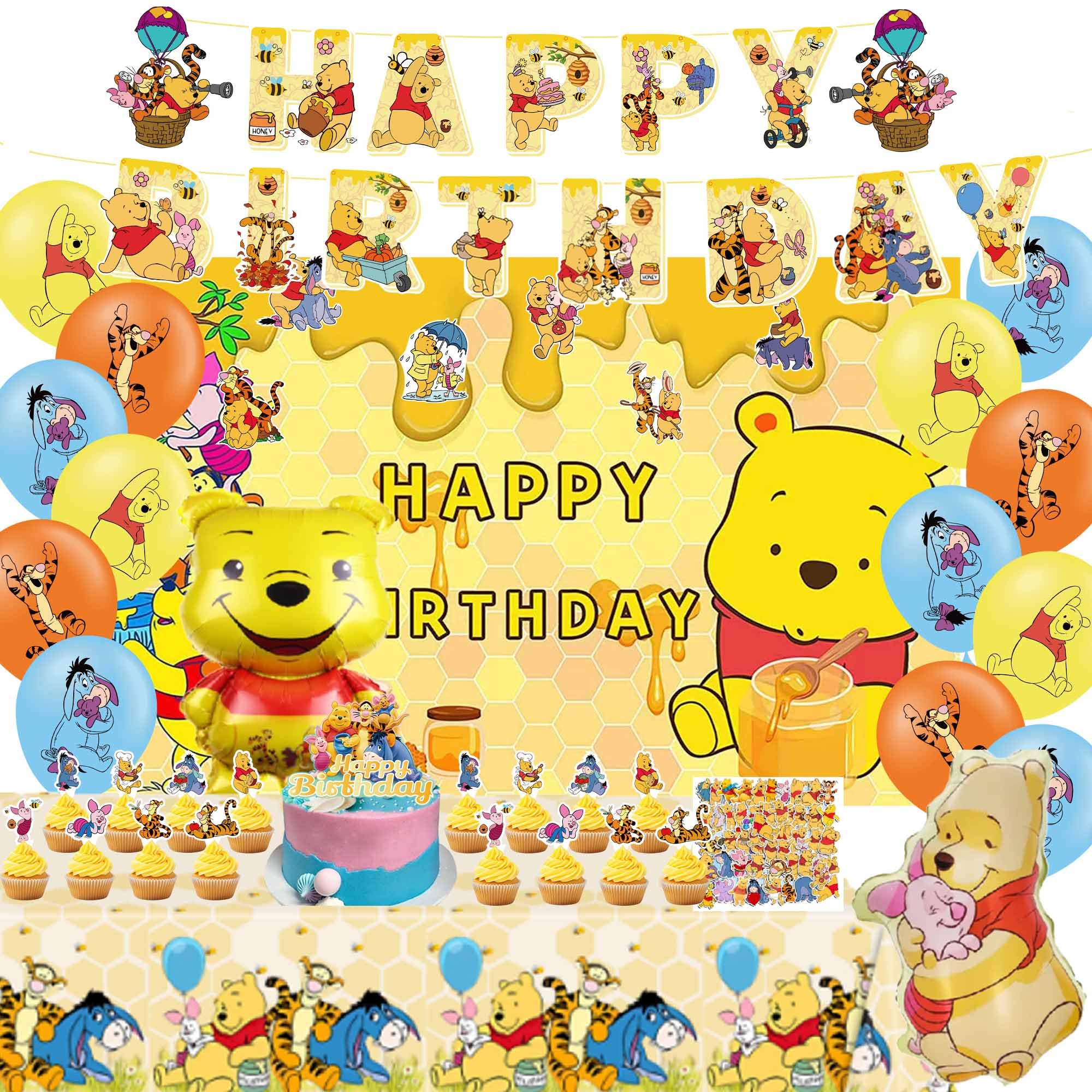 Photo 1 of Honey Theme Party Decorations Kit - Birthday Banner, Tablecloth, Backdrop, 2 Foil Balloons, 15 Latex Balloons & Stickers for Kids Baby Shower, Birthday Celebration