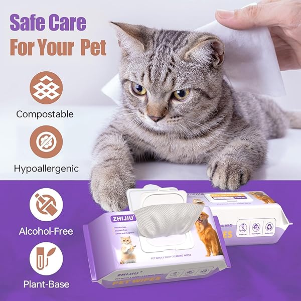 ZHIJIU PET WIPES FOR DOGS, DOG WIPES FOR PAWS AND BUTT, GROOMING WIPES FOR DOGS & CATS, UNSCENTED PET WET WIPES, HYPOALLERGENIC WIPES FOR DOGS FACE AND BODY, CAT WIPES-100 COUNT