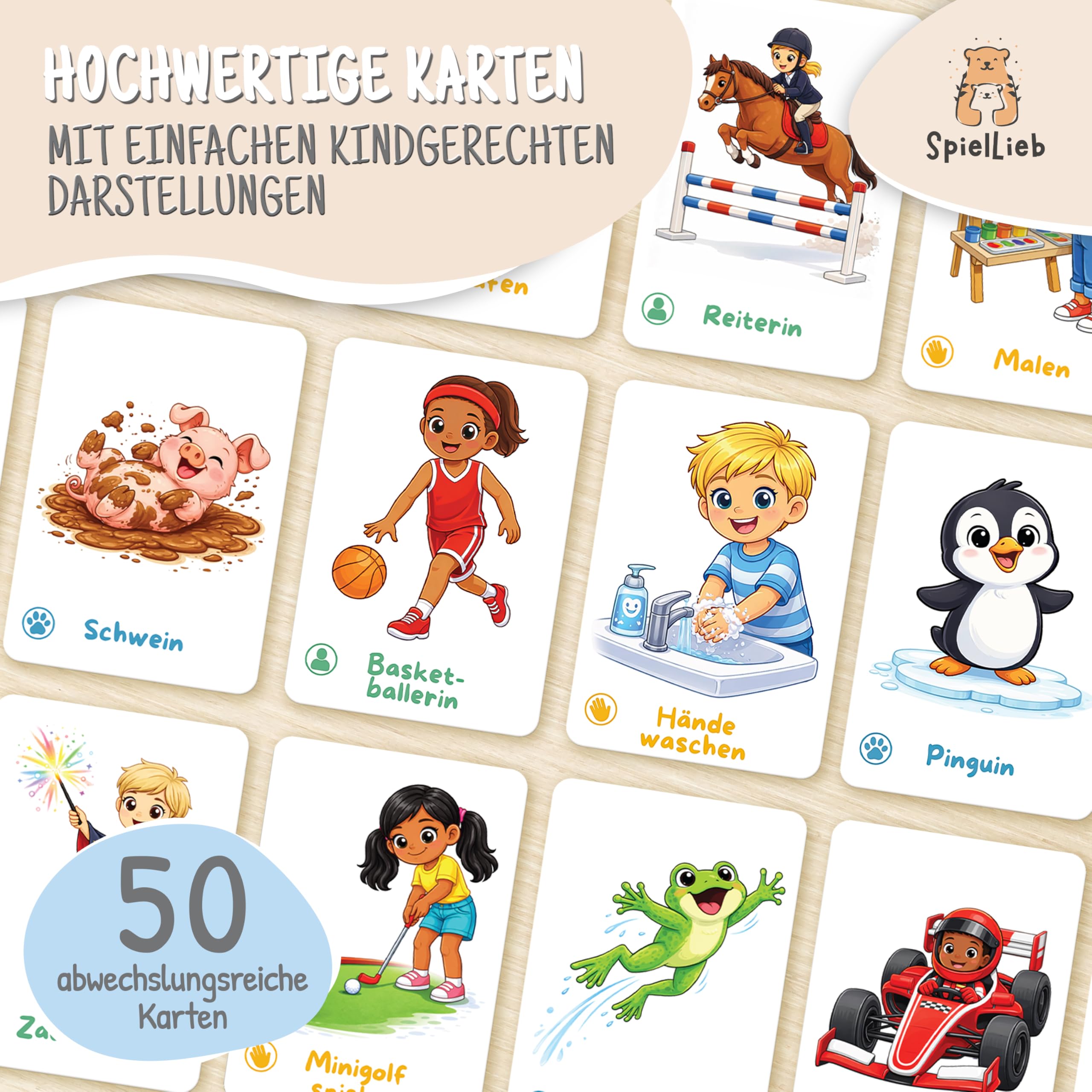 SpielLieb® Pantomime Spiel Kinder - Lustiges Lern- & Ratespiel Kartenset 6