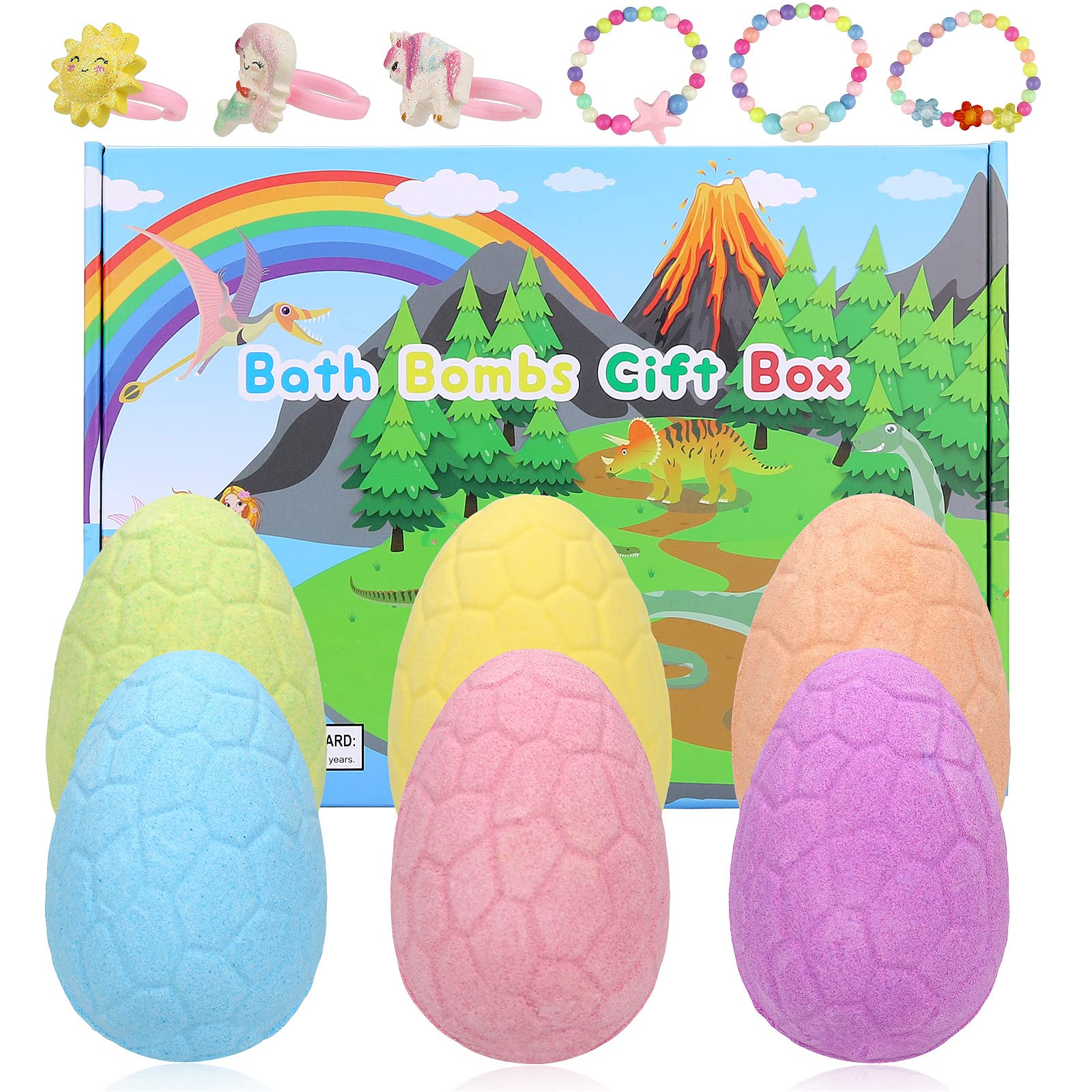 Smlper Bath Bombs for Kids with Surprise Inside, 6 Pcs Dino Egg Handmade Natural Fizzy Bath Bombs Dinosaur Toys for Girls Boys Christmas Birthday Easter Gift Set (6 * 130g) (Animal Toys Inside-6PCS)