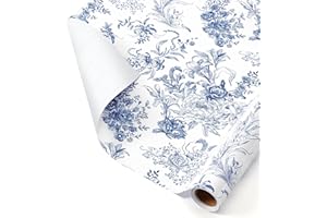 WERNNSAI Floral Wrapping Paper Roll - 1 Roll 17” x 33 ft Blue Flower Wrapping Paper Vintage Floral Gift Wrap with Cut Lines f