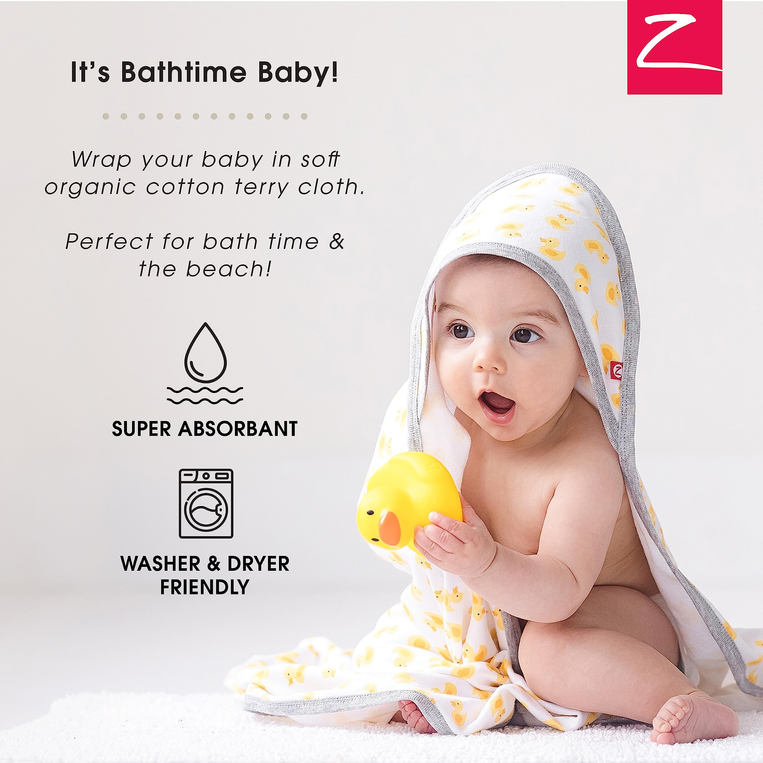 Zutano Hooded Baby Towels, Organic Cotton Baby Bath Towel, Ultra Soft and Absorbent Baby Towel for Newborn and Infant | Girl, Boy, and Unisex Towel Set, Elephant Bath Time, 2-Pack