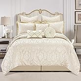 Loom and Mill 9-Piece Elegant Damask Comforter Sets Jacquard Medallion Design, Ultra Soft Floral Bedding with Euro Shams, Bedskirt, Filled Decorative Pillow for Home (Beige White, Queen)