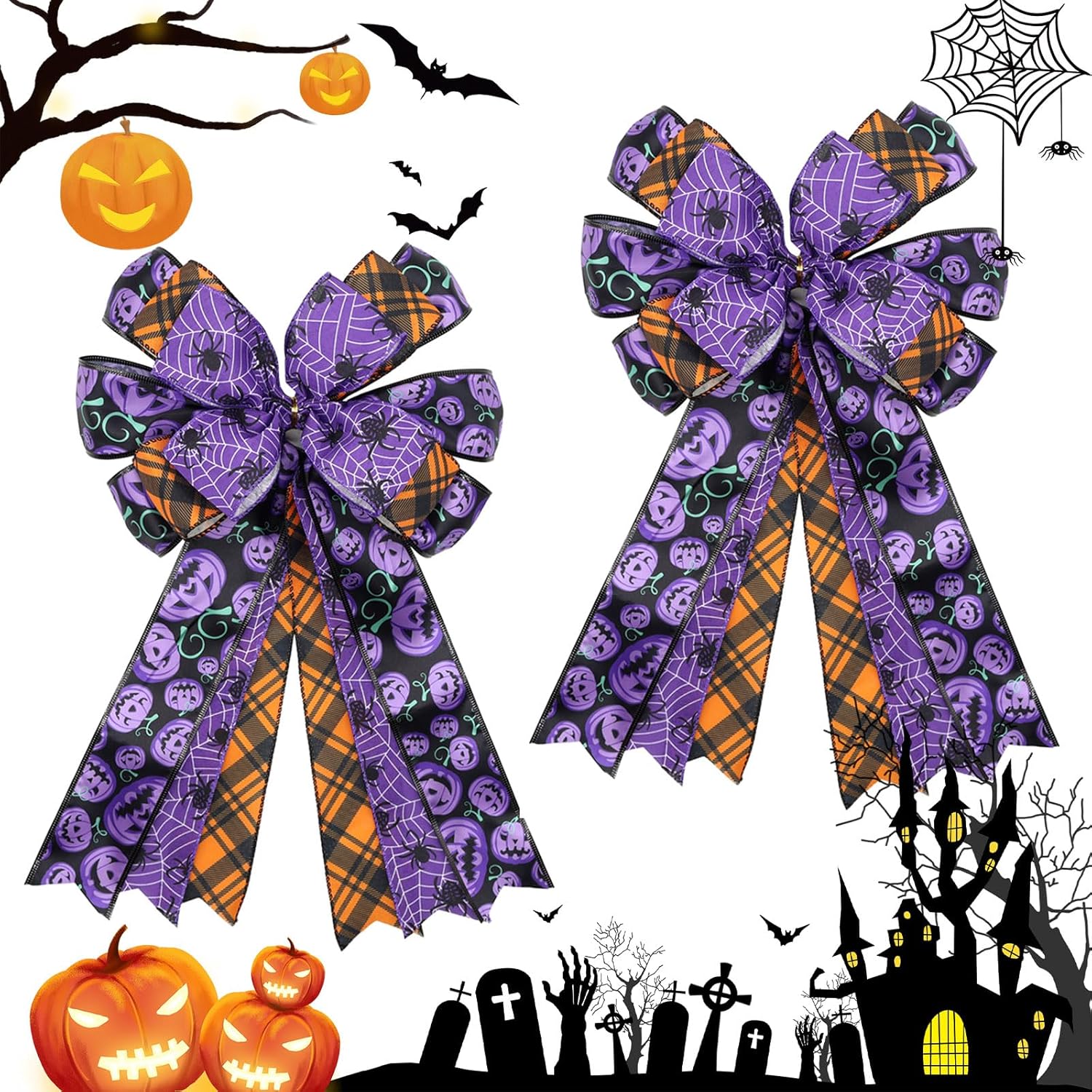 Bows & Ribbons - Montekin Large Halloween Wreath Bows, 2 Pack Spider with Pumpkin Pattern Burlap Wired Bows, Decorative Halloween Tree Ornaments for Front Door Indoor Outdoor Party Decorations, 20 x 11 Inch (Purple)