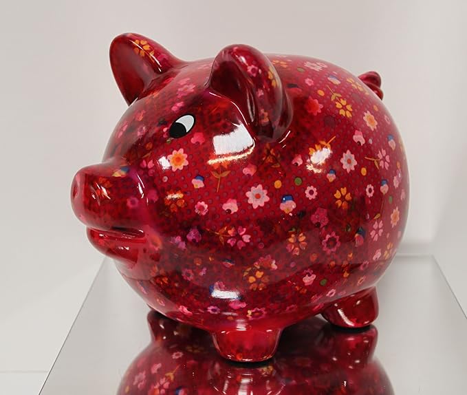Ceramic Pig Money Box, Piggy Bank Extra Large Purple Floral Design