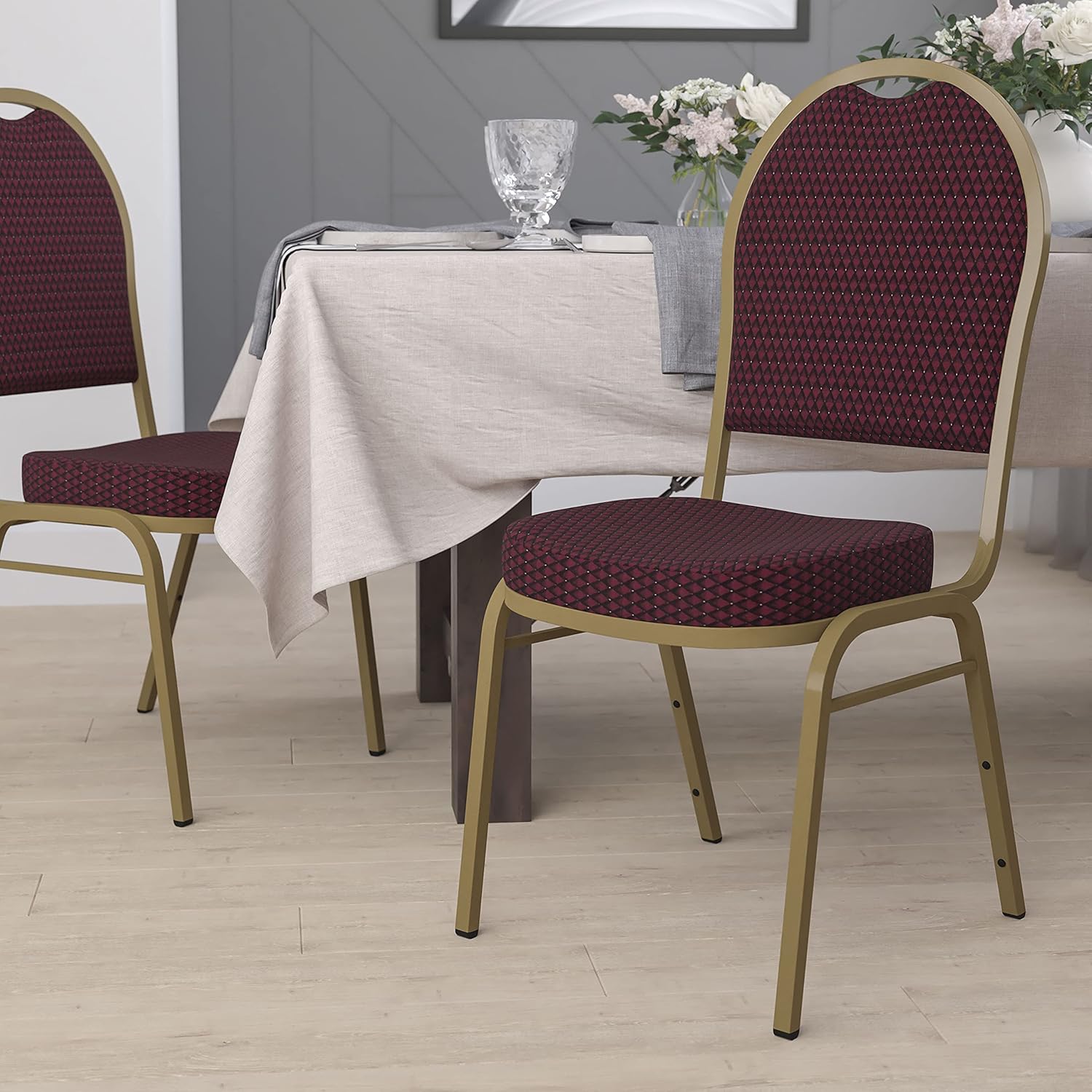 Flash Furniture HERCULES Series Dome Back Stacking Banquet Chair in Burgundy Patterned Fabric - Gold Frame: Furniture & Decor