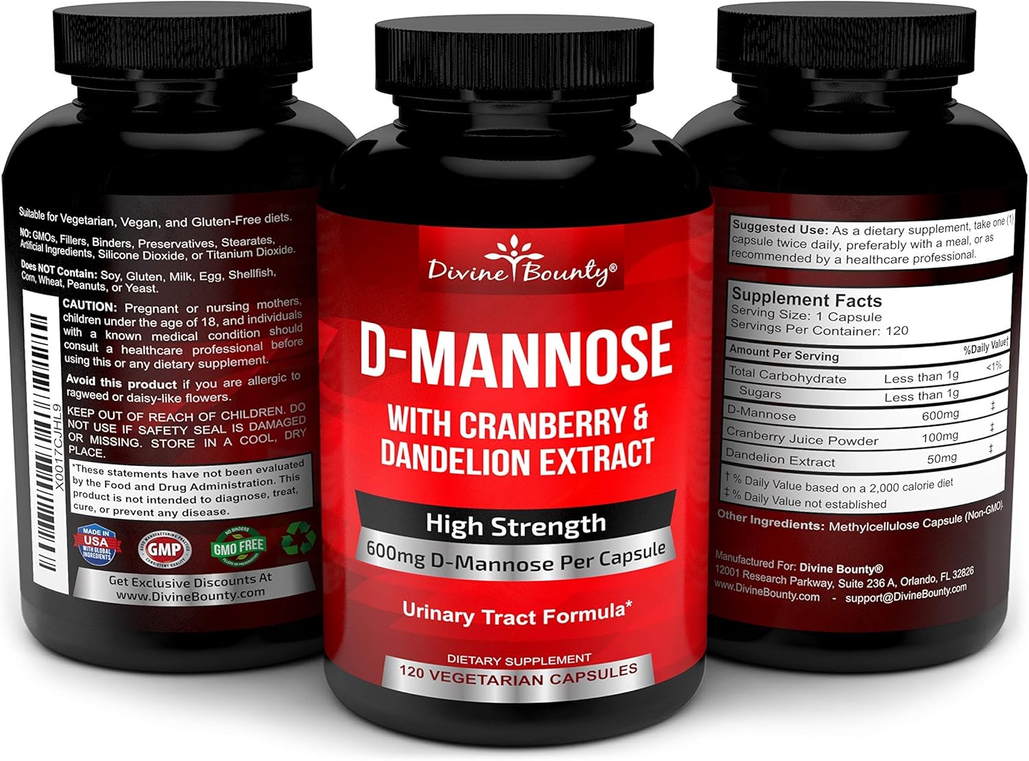 D-Mannose Capsules - 600mg D Mannose Powder per Capsule with Cranberry and Dandelion Extract to Support Normal Urinary Tract Health - 120 Veggie Capsules: Health & Personal Care