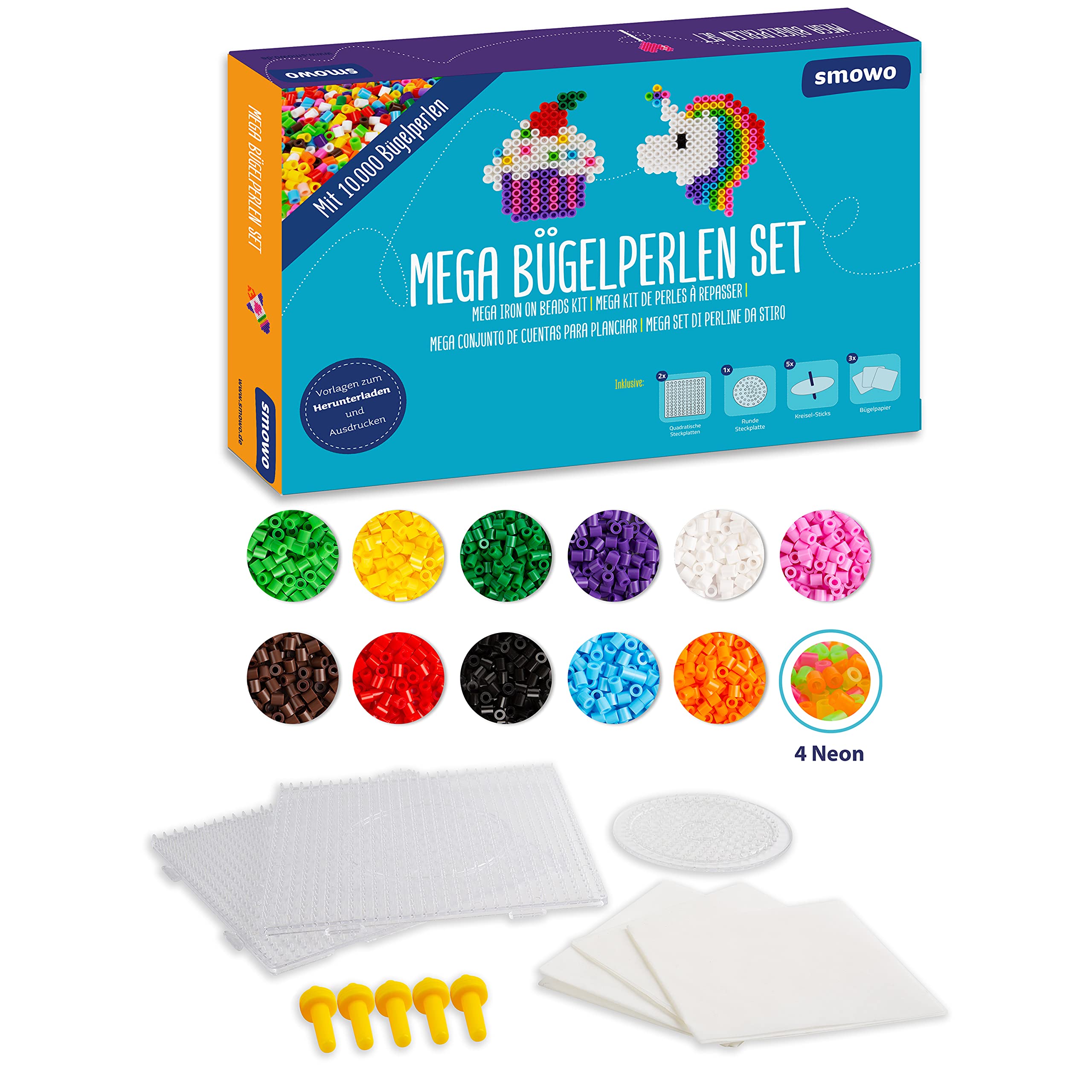Smowo® 10,000 Ironing Beads Set Including 15 Colours, Pegboards and Accessories - 5 mm Beads Craft Box - Perfect Birthday Toy