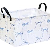 Girls Storage Basket with Blue Bow Print,14.5" x 10.2" x 9.4",Waterproof | Foldable Bin with Leather Handles;Ideal for Girls' Bedroom,Gift,Laundry&amp;Toy Storage;Coquette Aesthetic Decor