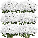 Jexine 50 Pcs Artificial Rose Flower Bulk Realistic Silk Fake Roses with Long Stem Plastic Artificial Flower Bouquet Real Looking for Home Wedding Centerpieces Party Decoration(Pure White)