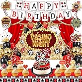 Casino Birthday Decorations - Casino Theme Birthday Backdrop, Banner, Hanging Swir, Latex & Foil Balloons, Cake & Cupcake Toppers for Poker Party Decorations
