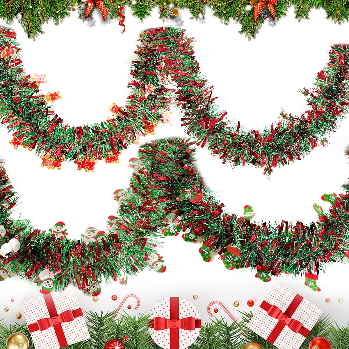 Photo 1 of 26.25Ft Christmas Tinsel Twist Garland Christmas Tinsel Garland Decoration Metallic Tinsel Twist Garland Shiny Hanging Christmas Tree Tinsel Garland Ornaments for Indoor Outdoor Party Wedding Holiday