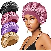 4PCS Silk Satin Bonnets for Black Women & Men - Elastic Wide Band Hair Wrap Cap for Curly Hair - Shower Cap for Sleeping (Black & Bean Paste Pink & Purple & Brown)