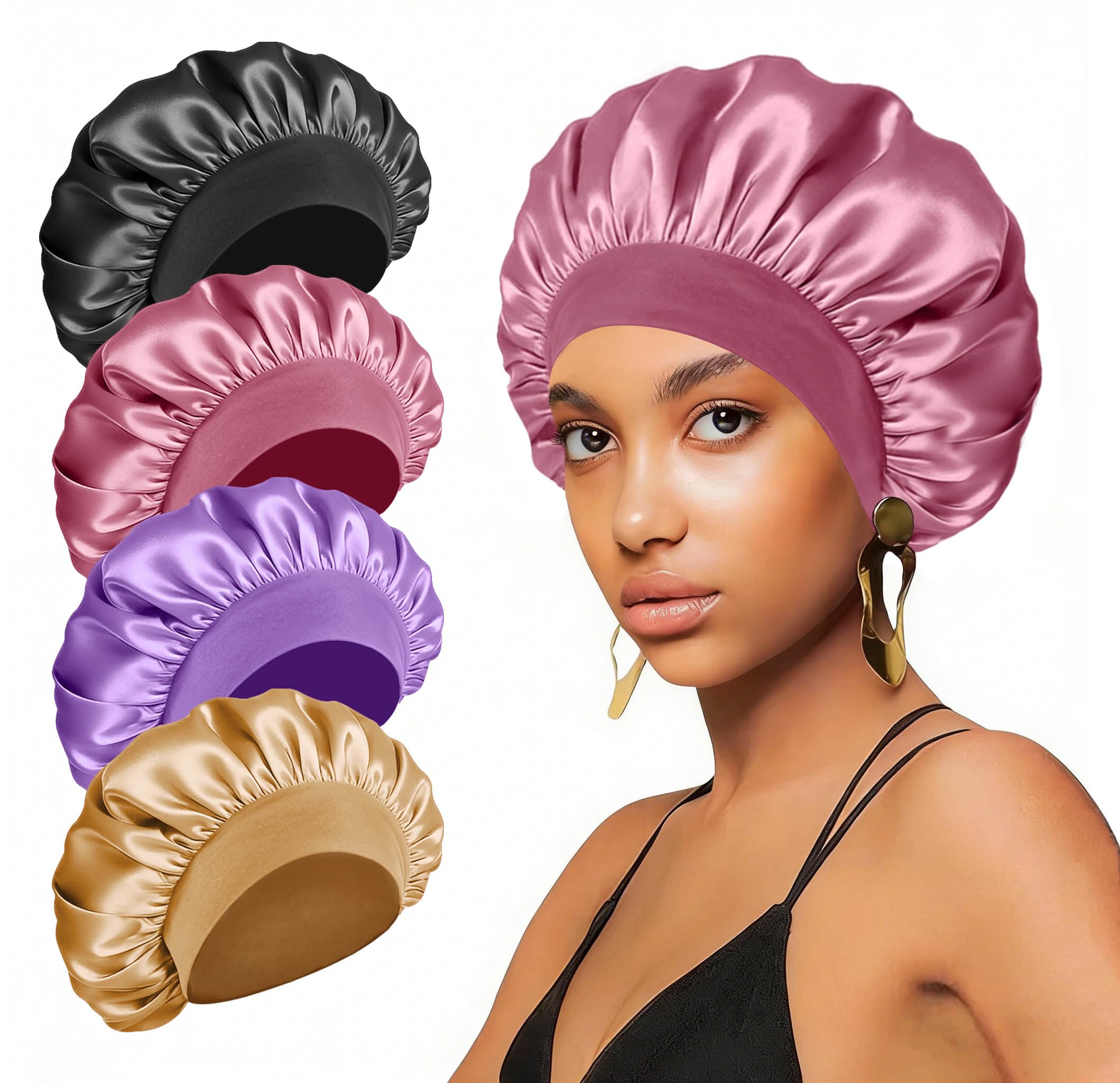 4PCS Silk Bonnet for Sleeping,Hair Wrap Satin Bonnets Shower Cap for Black Women Men, Elastic Wide Band Bonnet Cap for Sleeping Curly Hair(Black & Bean Paste Pink & Purple & Brown)