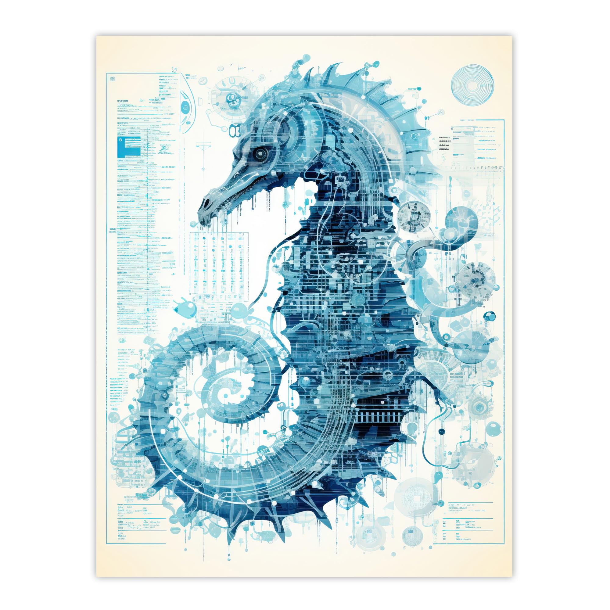 Artery8 Seahorse Robot Hybrid Schematic Blueprint Futuristic Secret Complex Arcane Manuscript Gift For Him Man Cave Extra Large XL Wall Art Poster Print