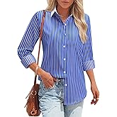 Striped Button Down Shirts for Women Cotton Dress Shirt Long Sleeve Collared Blouse Tops Business Office Attire