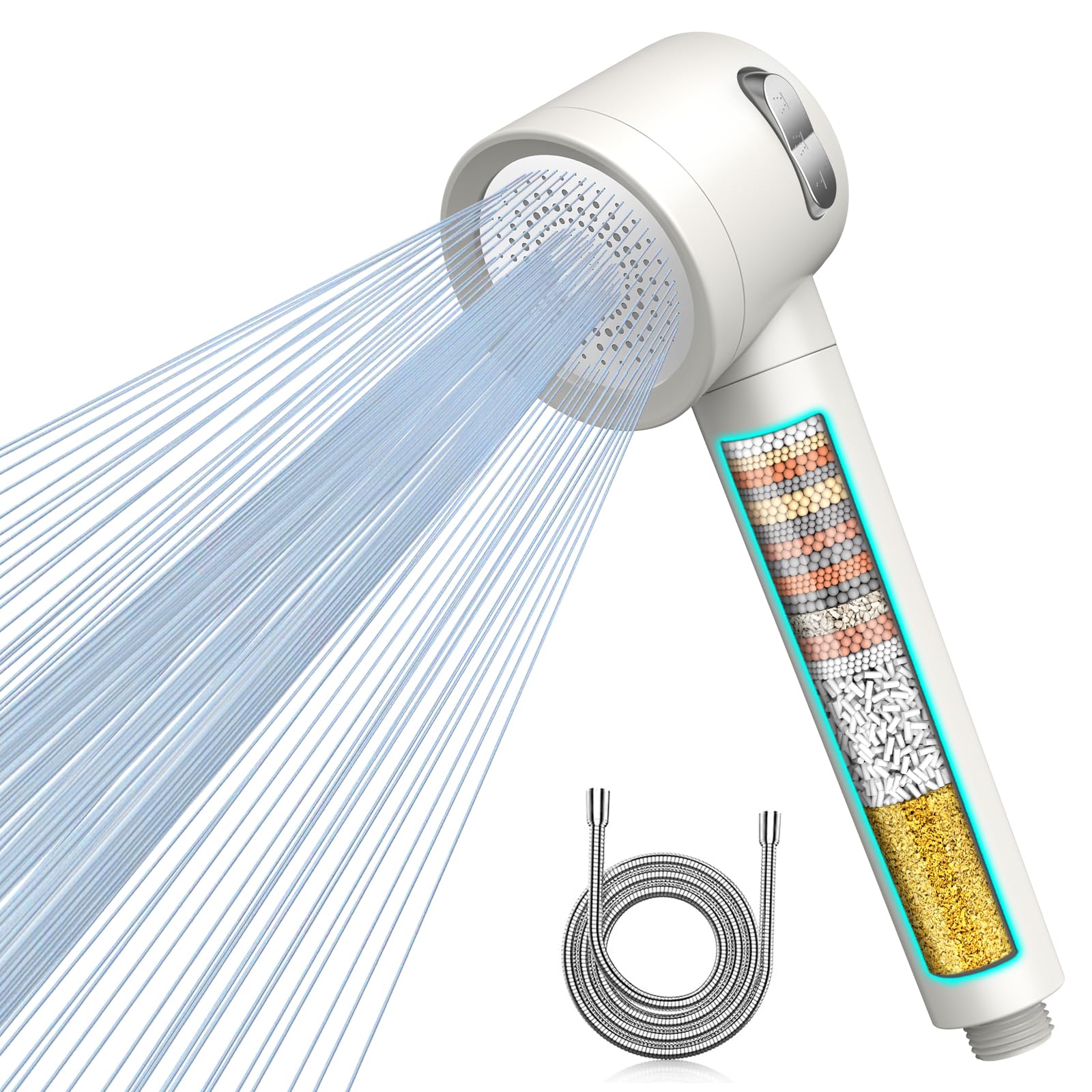 MEKO Hard Water Filter Shower Head with 3 Modes, 15 Layers Filtration Water Saving High Pressure Shower Heads and 1.5m Hose, Massage Shower Filter for Residual Chlorine Remove White