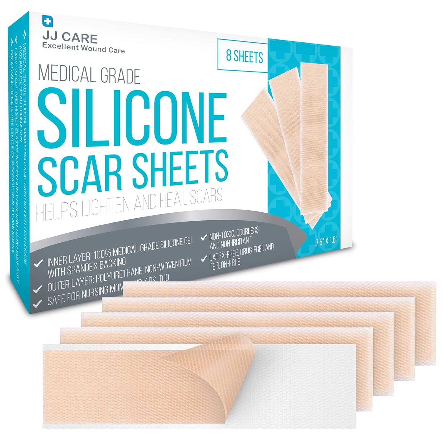 [Box of 8] Silicone Scar Sheets, Medical Silicone Scar Removal Sheets (7.5”x1.6”) Silicone Sheets for Scars, Keloid & Acne, Scar Treatment Sheets for Burns & Surgery Scars, Reusable w/UV Protection : Beauty