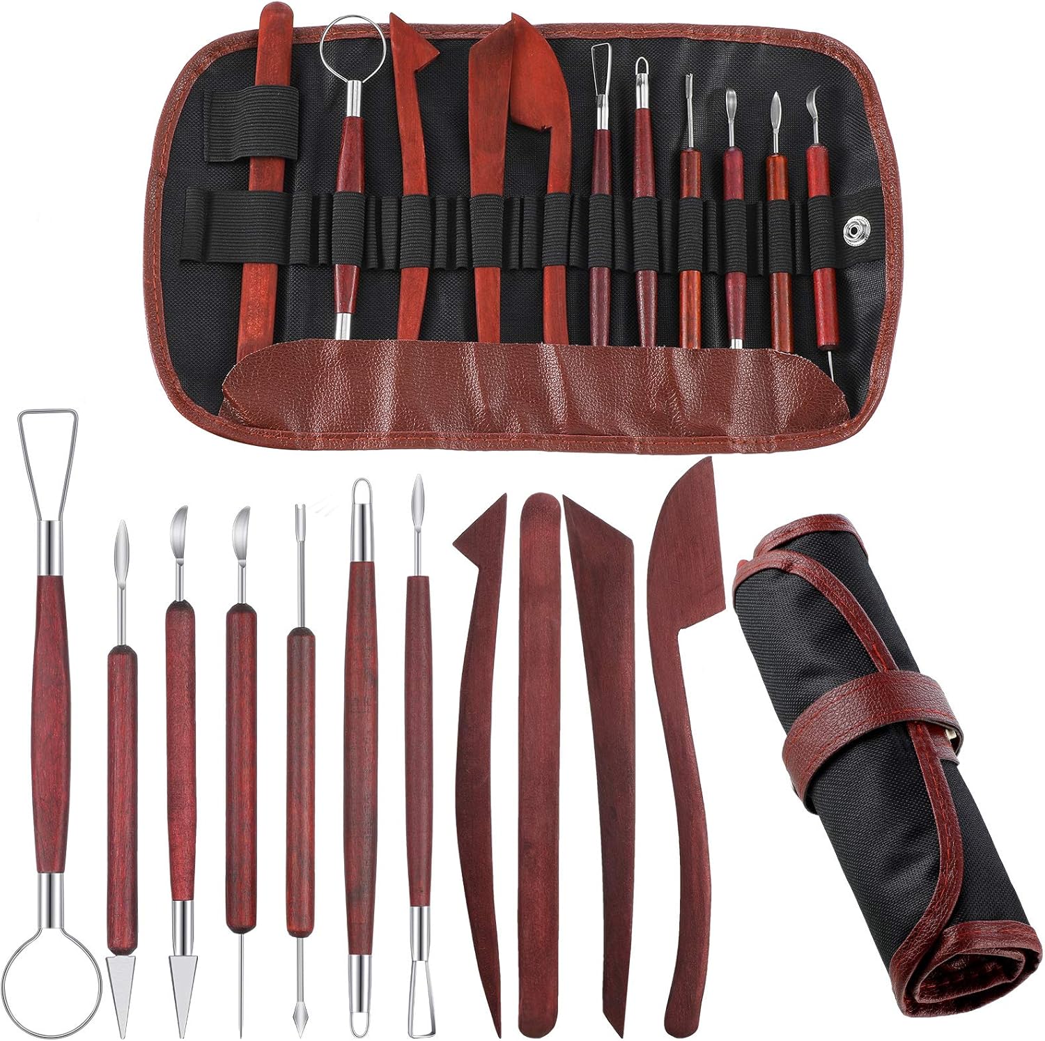 11 Pieces Wooden Handle Clay Pottery Sculpting Tools Clay Sculpting Set Modeling Clay Tools Double-Sided Carving Tool Kit with Storage Bag for Sculpture Clay Carving Pottery Carving Supplies